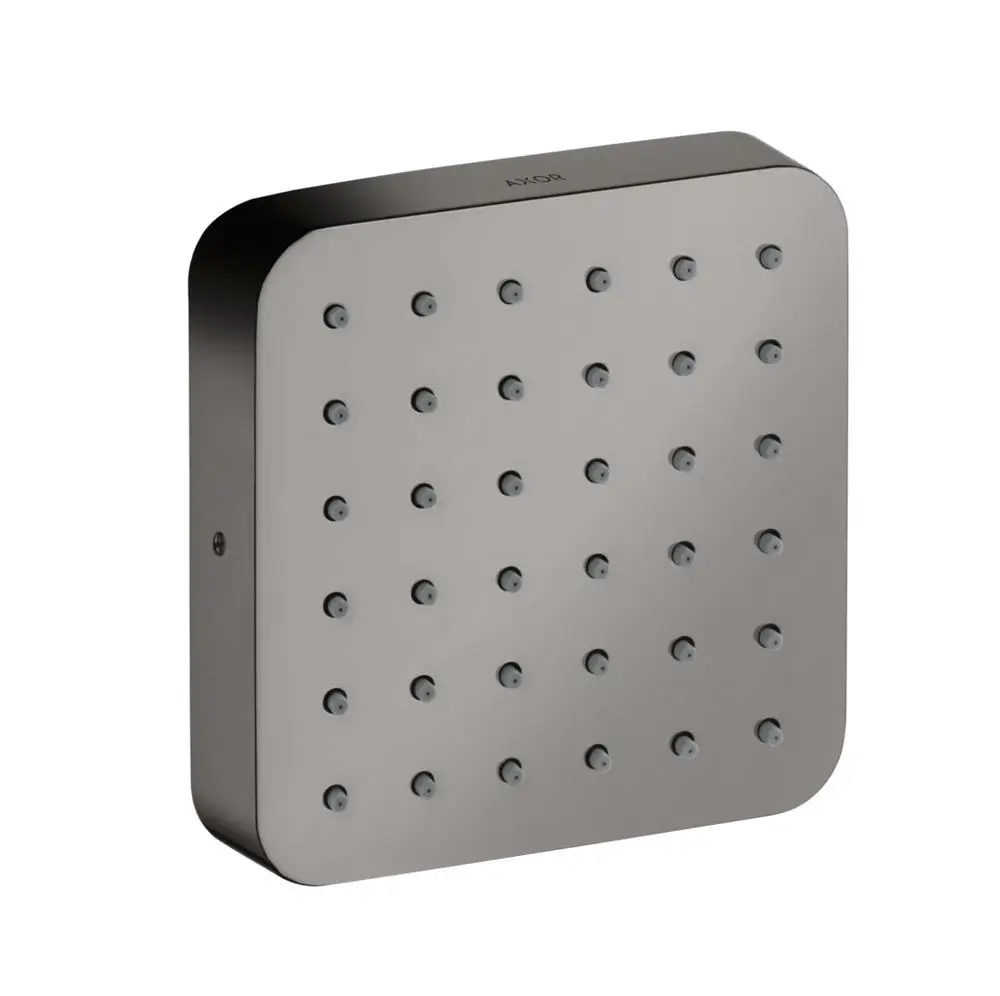 Schwarze quadratische Brauseoberfläche mit gleichmäßiger Anordnung kleiner Düsen, hergestellt von AXOR, für eine moderne Badezimmergestaltung.